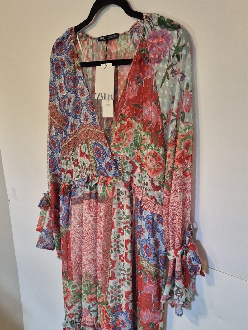 NWT Zara Floral Patchwork Boho Maxi D Multicolor V-Neck Tiered Dress - M - Picture 3 of 14